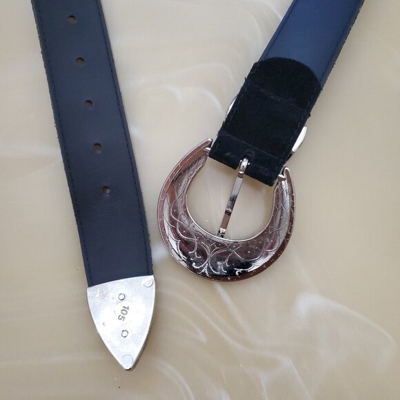 Genuine Italian Leather Belt Bling Buckle Rhinestones Silver Tone Hardware - Picture 5 of 15